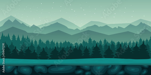 Seamless cartoon nature landscape with 2d game application. Vector design. Tileable horizontally. Size 1024x512. Ready for parallax effect