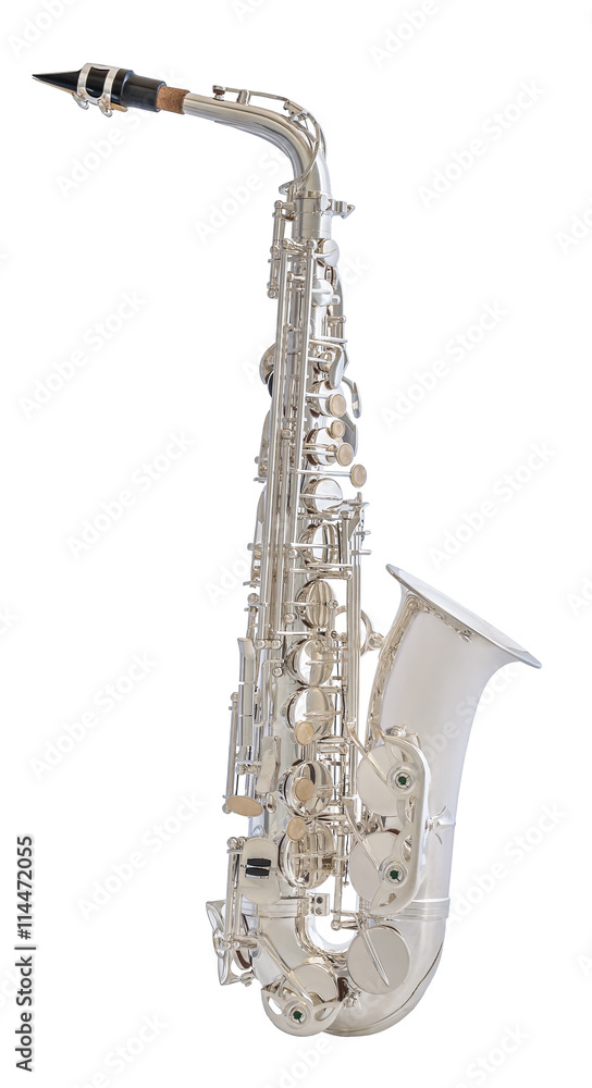Naklejka premium Silver Saxophone. Classical Music Wind Instrument Isolated on White Background