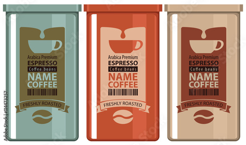 set vector labels coffee in the iron banks with the grain and cup