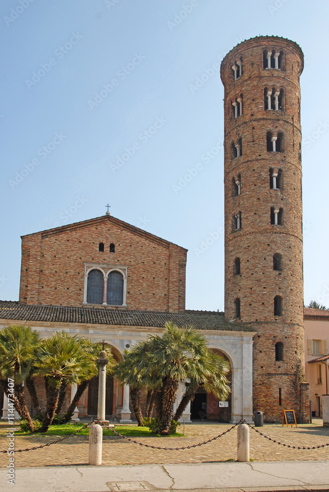 Italy, Ravenna, downtown basilica with round bell tower