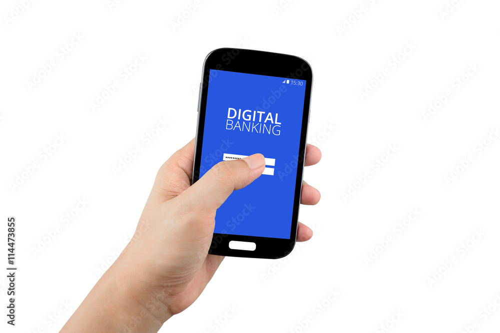 hand holding black smartphone with digital banking on the screen isolated on white background with clipping path hand holding black smartphone with digital banking on the screen isolated on white background with clipping path