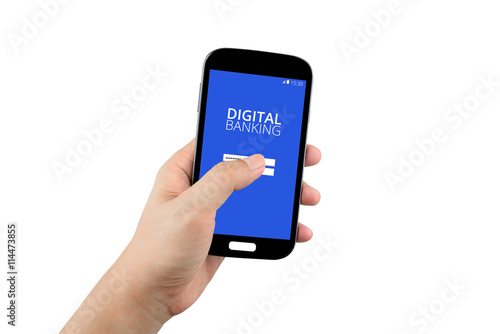 hand holding black smartphone with digital banking on the screen isolated on white background with clipping path