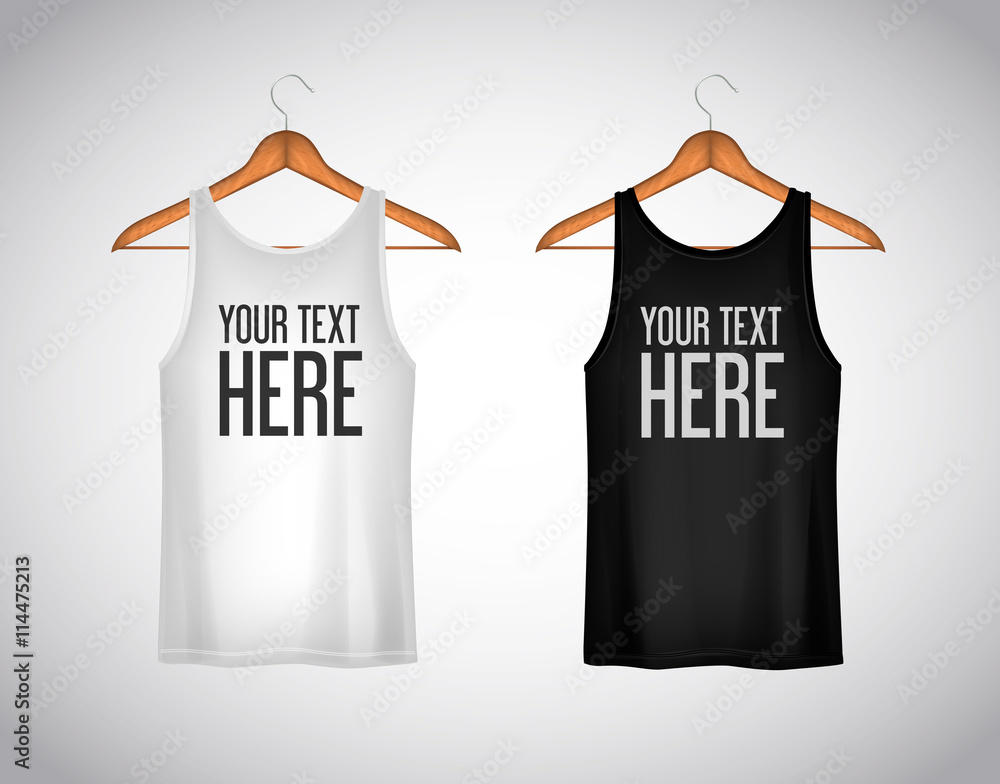 Men black and white tank top. Realistic mockup whit brand text f Men black and white tank top. Realistic mockup whit brand text f