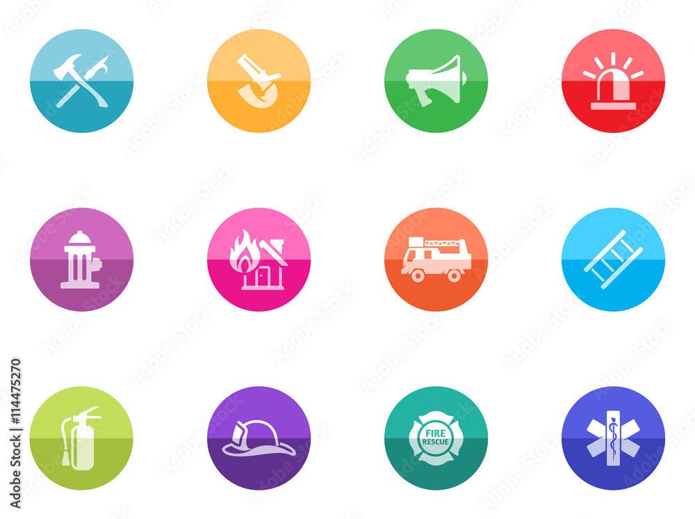 Fire fighter icons in color circles. Fire fighter icons in color circles.