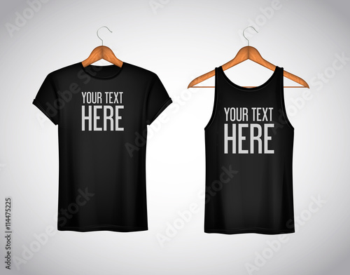 Men black tank top and t-shirt. Realistic mockup whit brand text