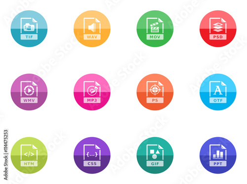 File format icon series in color circles.