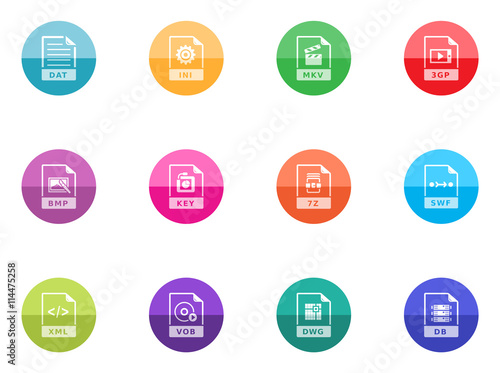 File format icon series in color circles.