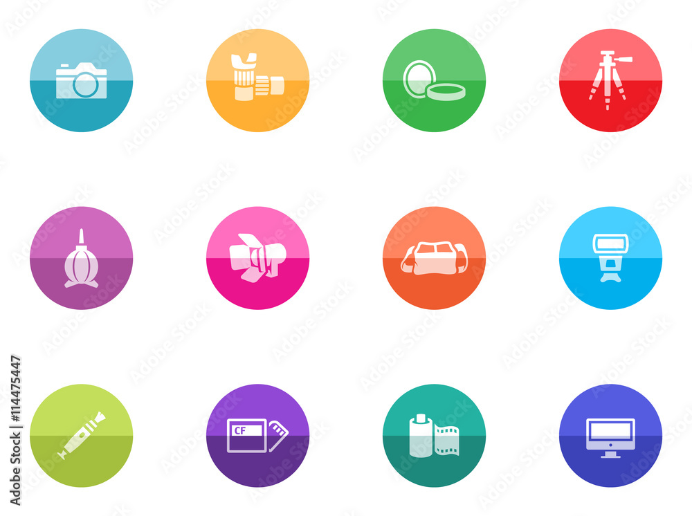 Photography icons in color circles. Photography icons in color circles.