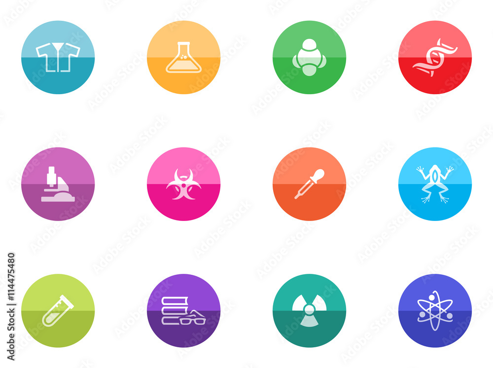 Science icons in color circles.