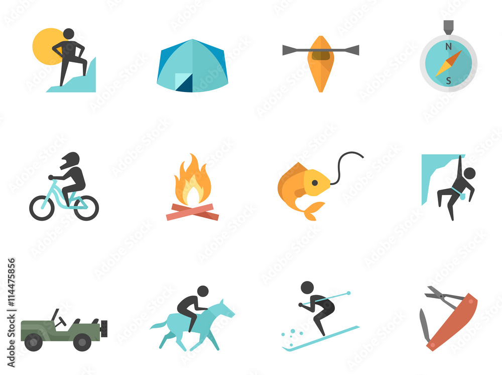 Fototapeta premium Outdoor icons in flat colors style.