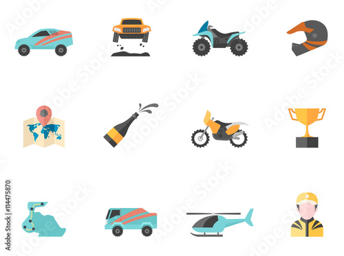 Rally related icons in flat color style.