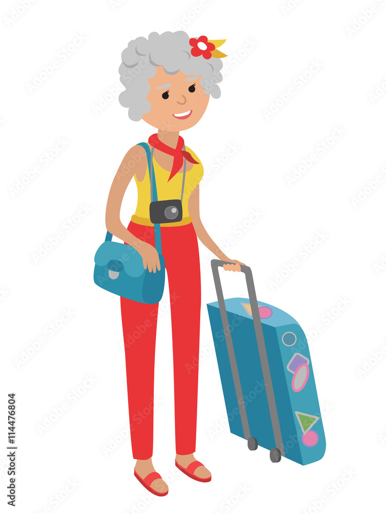 Illustration of elderly woman traveling isolated on white background.