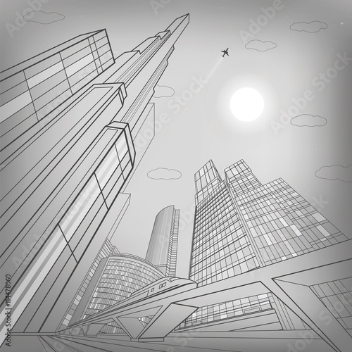 Train move on the bridge, dynamic composition, night city on background, vector industrial and transport illustration, lines landscape, night town, vector design art, silver version