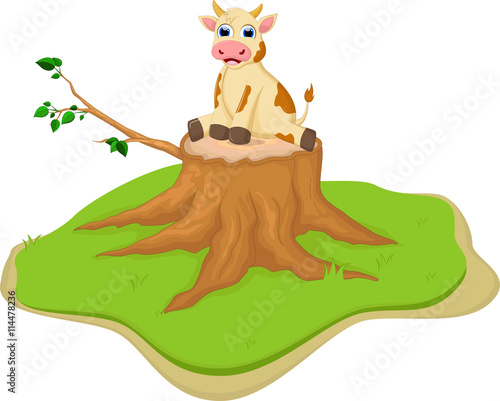 cute baby cow cartoon on tree stump