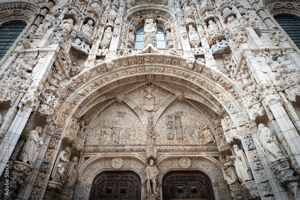 Portal detail of Jeronimos Monastery in the Belem, Lisbon, Portugal