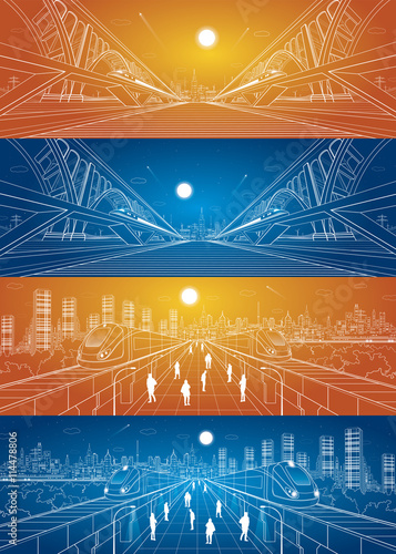 Two transportation panoramic, train rides on the bridge, night city, vector infrastructure set, people walk on the square, two train move over bridges, vector design art