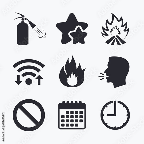 Fire flame icons. Prohibition stop symbol.