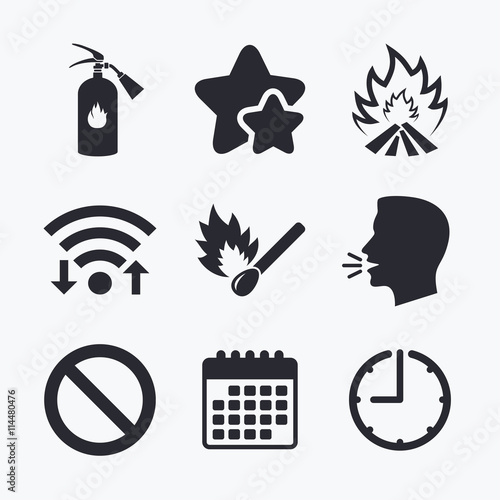Fire flame icons. Prohibition stop symbol.