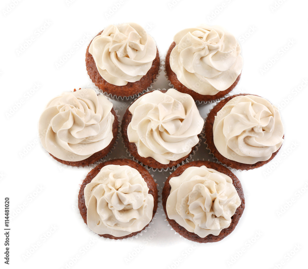 Tasty chocolate cupcakes, isolated on white Tasty chocolate cupcakes, isolated on white