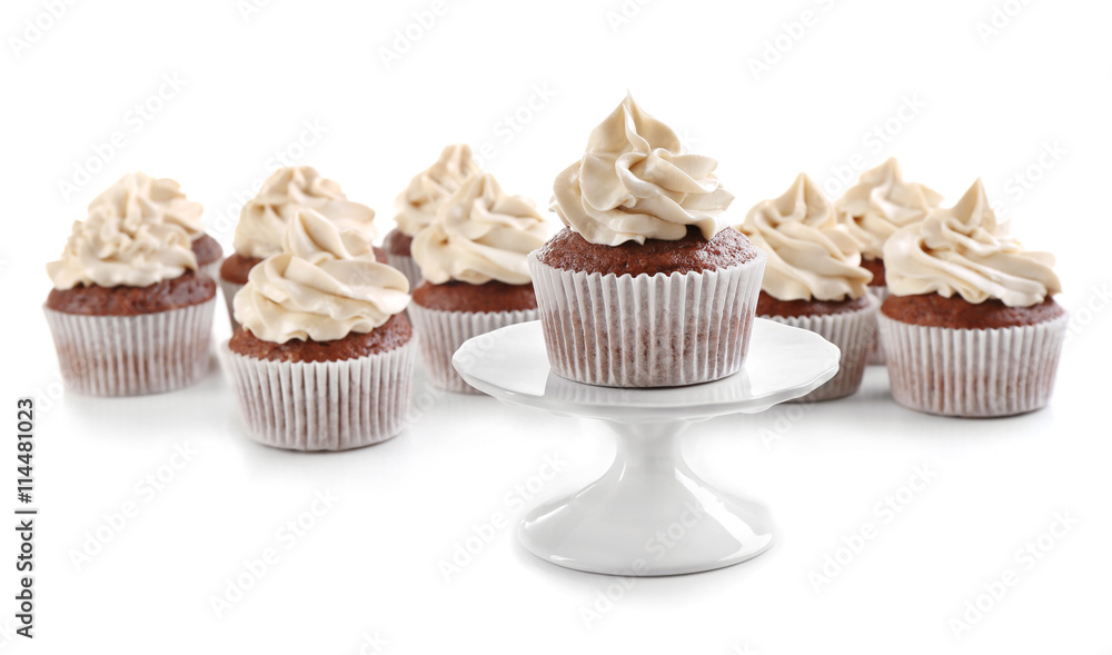 Tasty chocolate cupcakes, isolated on white