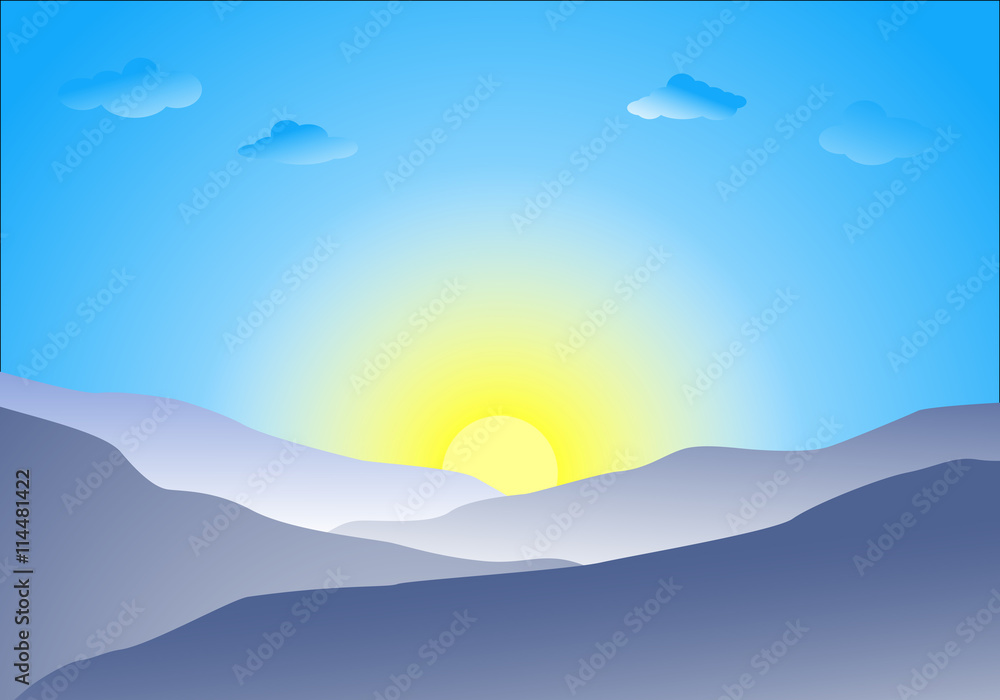 Flat landscape of blue mountain, cloud and sun with copy space.