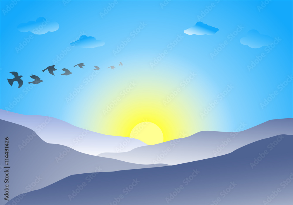 Flat landscape of blue mountain, cloud, sun and bird,meaning of freedom life and moving forward.