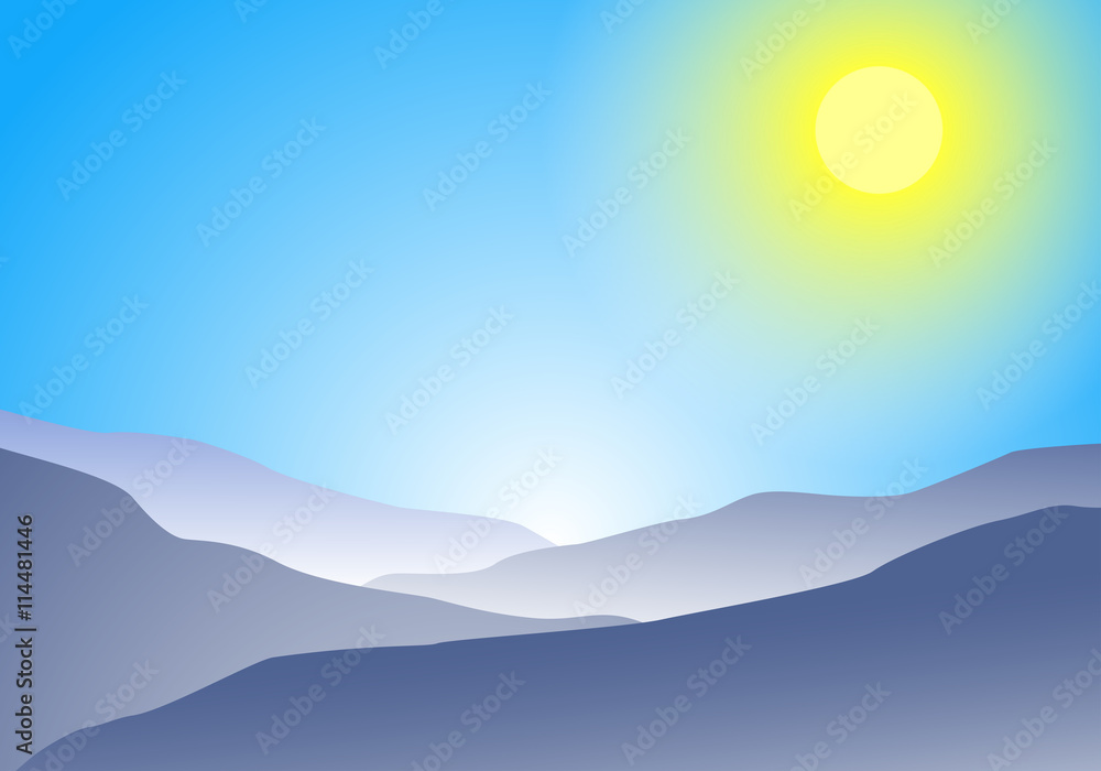 Flat landscape of blue mountain, cloud and sun with copy space.