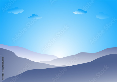 Flat landscape of blue mountain  cloud and sun with copy space.