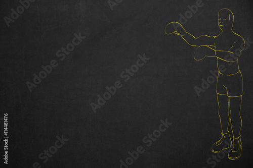 Ein Boxer trainiert mit Lufthieben. Kalligrafie in gelb auf schwarz.