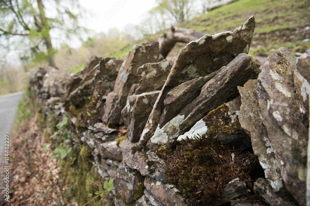 Old dry stone wall in the english countryside vanishing into the distance, with shallow depth of field Old dry stone wall in the english countryside vanishing into the distance, with shallow depth of field