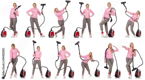 Young woman with vacuum cleaner on white