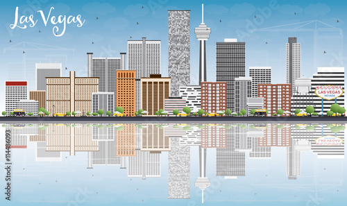 Las Vegas Skyline with Gray Buildings, Blue Sky and Reflections.