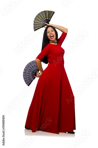 Woman in red dress with fan isolated on white © Elnur
