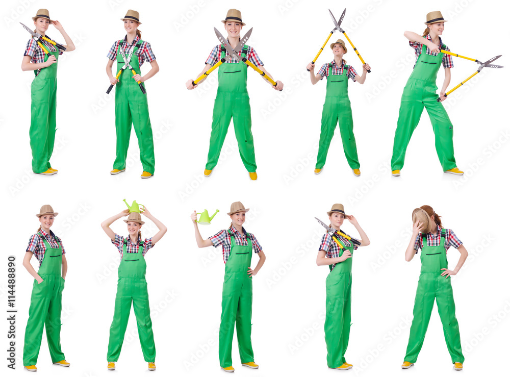 Fototapeta premium Collage of young woman with shears on white