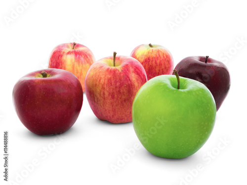 Group of apples varieties  New Zealand Eve  Granny Smith  Ambrosia  Green  Gala  Divine  Red  Fuji  Isolate on White Background with Clipping Path