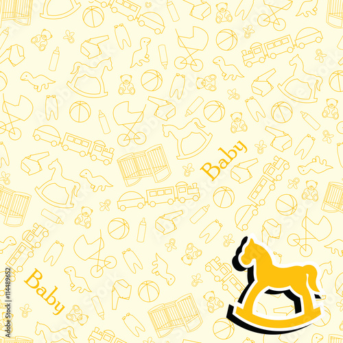 Baby background for baby. Yellow background for baby with toys and facilities for the newborn.