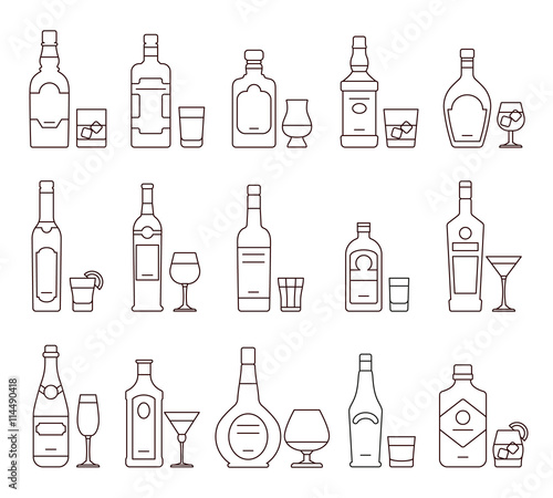 Alcohol drink beverages outline icons, bottles and glasses thin line symbols. Beverage alcohol bottle and glass, illustration set of beverage