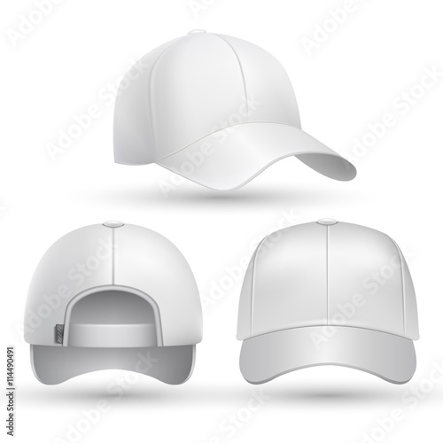 Realistic baseball cap front, side, back views set. Fashion cap baseball for sport, mockup of white cap. Stock vector illustration
