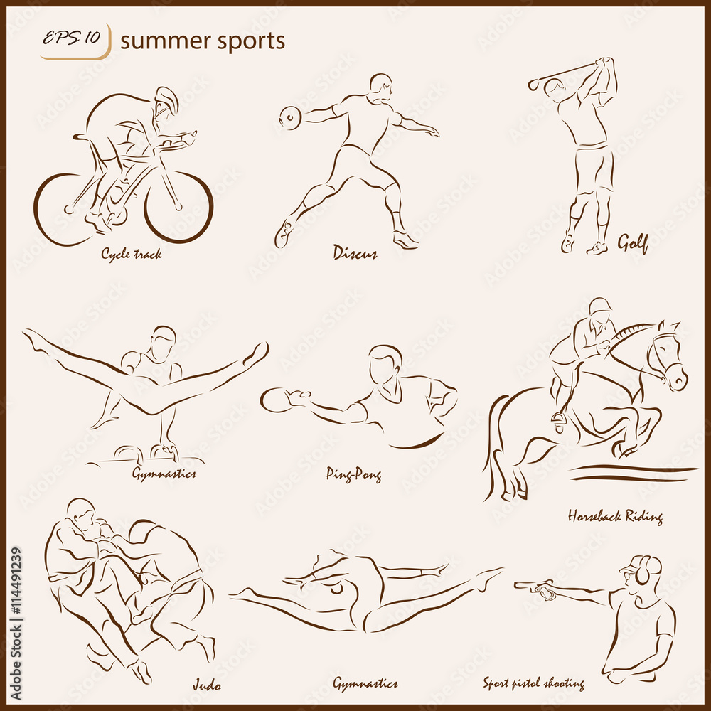 Set of a vector Illustration shows a Summer Sports. Cycle track, Discus, Golf, Gymnastics, Ping-pong, Horseback riding, judo, Sport pistol shooting