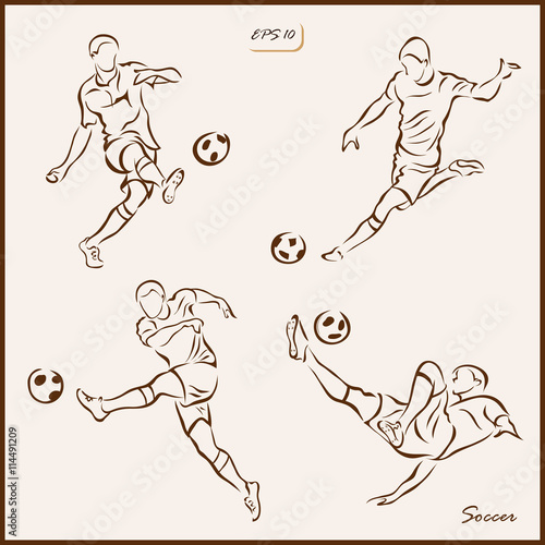 Set of a vector Illustration shows a Soccer player kicks the ball. Soccer
