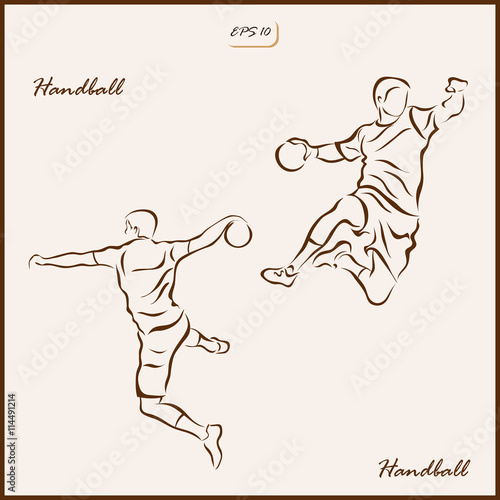 Set of a vector Illustration shows a player throws a ball in a jump. Handball