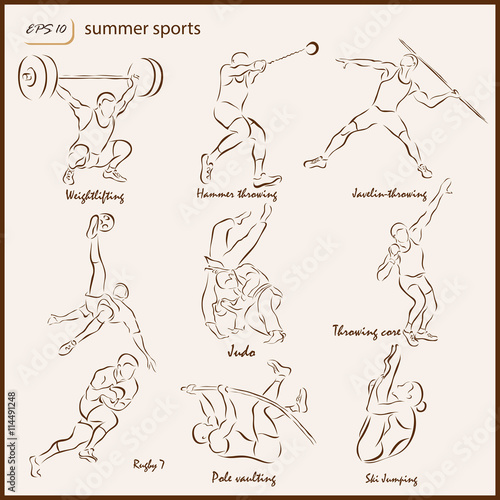Set of a vector Illustration shows a Summer Sports. Weightlifting, Hammer throwing, Javelin-throwing, Soccer, Judo, Throwing cort, Rugby 7, Pole vaulting, Ski jumping