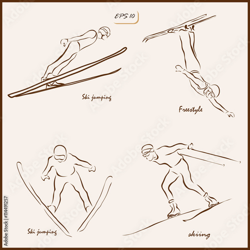 Set of a vector Illustration shows a Winter Sports. Ski jumping, Freestyle, Skiing