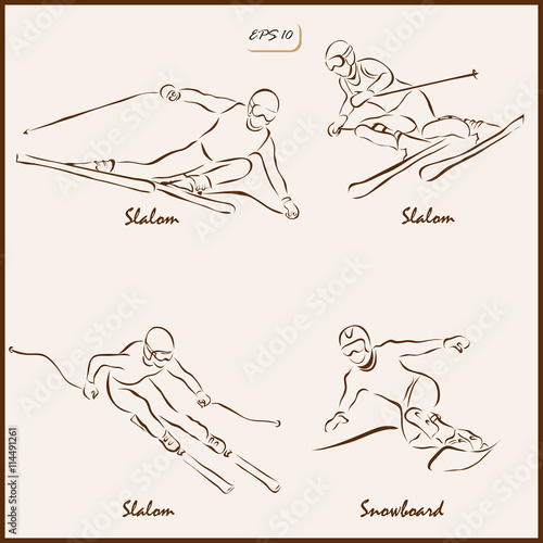 Set of a vector Illustration shows a Winter Sports. Slalom and Snowboard