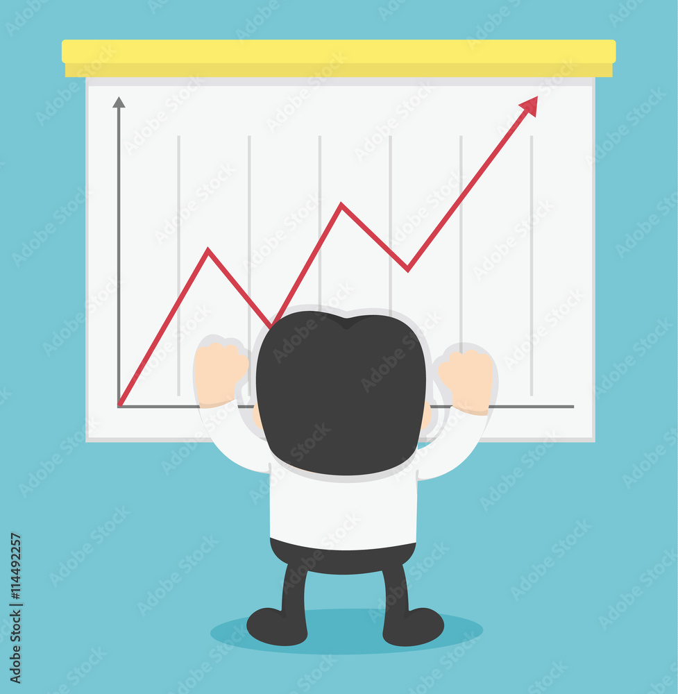 happy businessman winner with red growth graph arrow happy businessman winner with red growth graph arrow