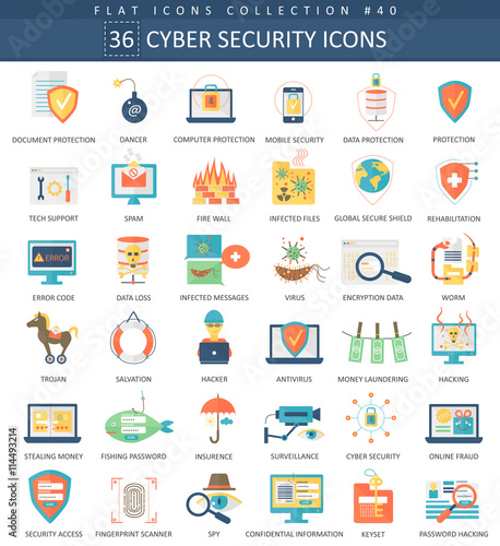 Vector Cyber security flat icon set. Elegant style design.