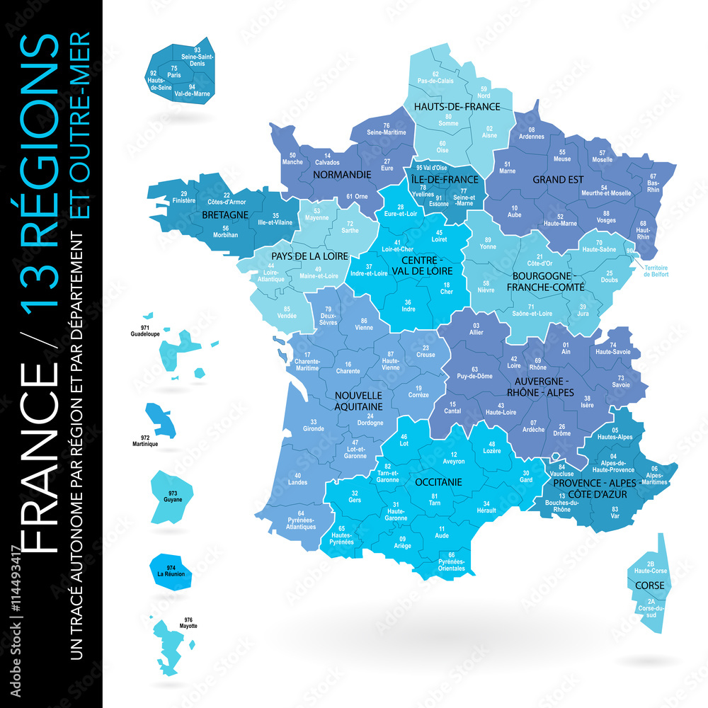 Obraz premium Carte de France 13 régions + départements (numéros et noms) et outre-mer / un tracé autonome par zone