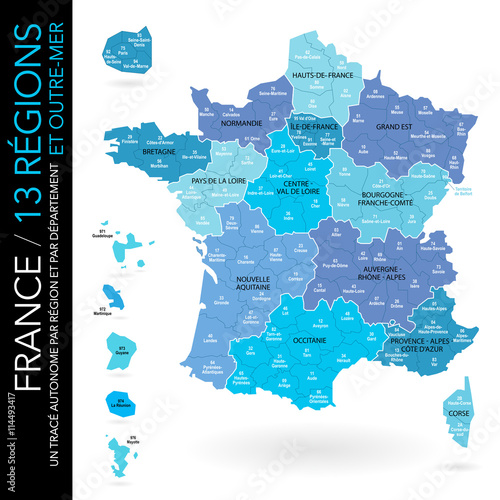 Carte de France 13 régions + départements (numéros et noms) et outre-mer / un tracé autonome par zone
