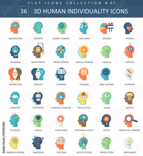 Vector Human mentality personality and individuality features color flat icon set. Elegant style design.
