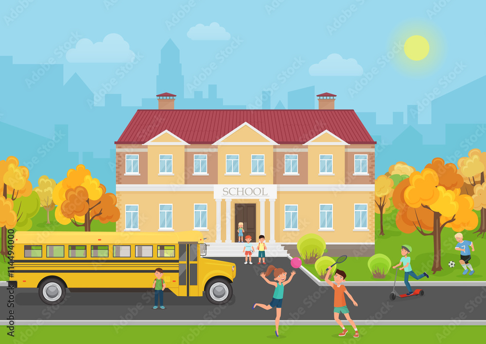 School building with children in yard and yellow bus front. School and education vector illustration.